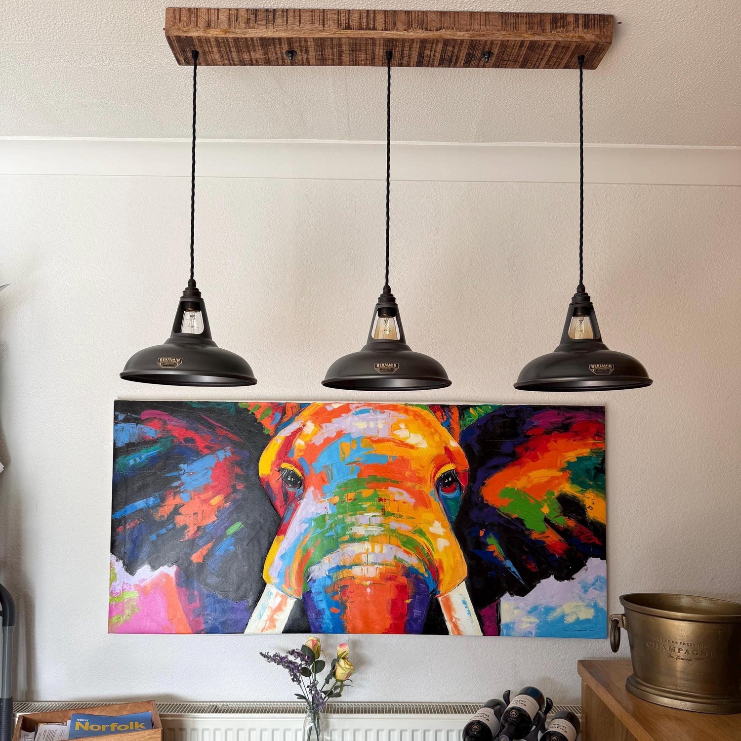 Cawston ~ 3 x Pewter Grey Lampshade Pendant Set Wooden Track Light | Dining Room Table | Kitchen Island Lighting