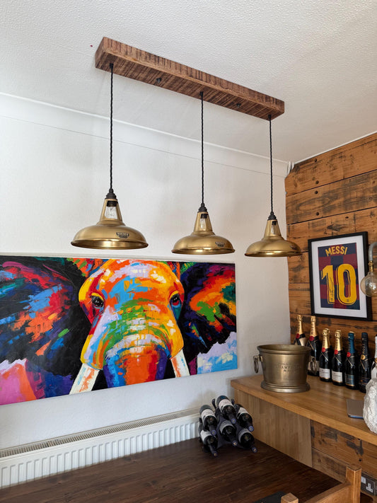 Cawston ~ 3 x Antique Brass Lampshade Pendant Set Wooden Track Light | Dining Room Table | Kitchen Island Lighting