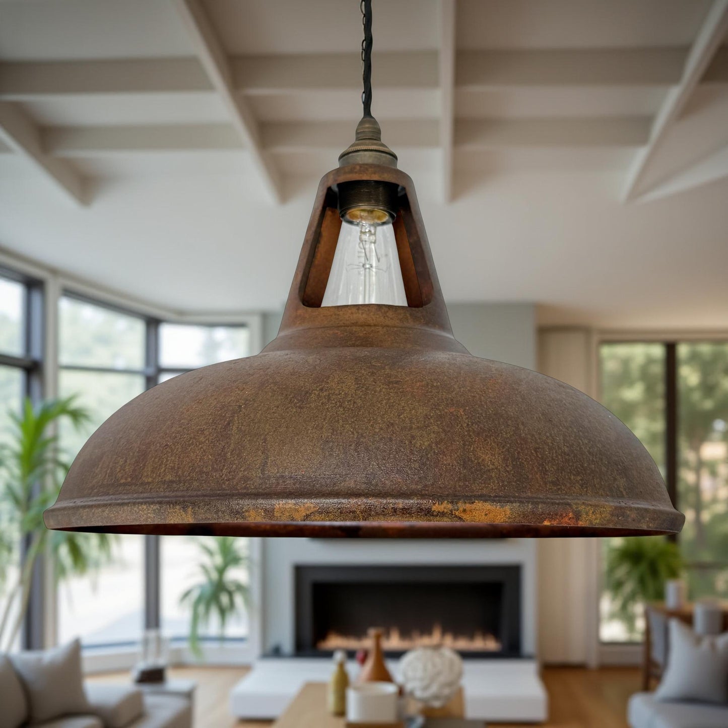 Cawston XL - Rusted Solid Steel Slotted Lampshade Pendant Set Light - 14 Inch