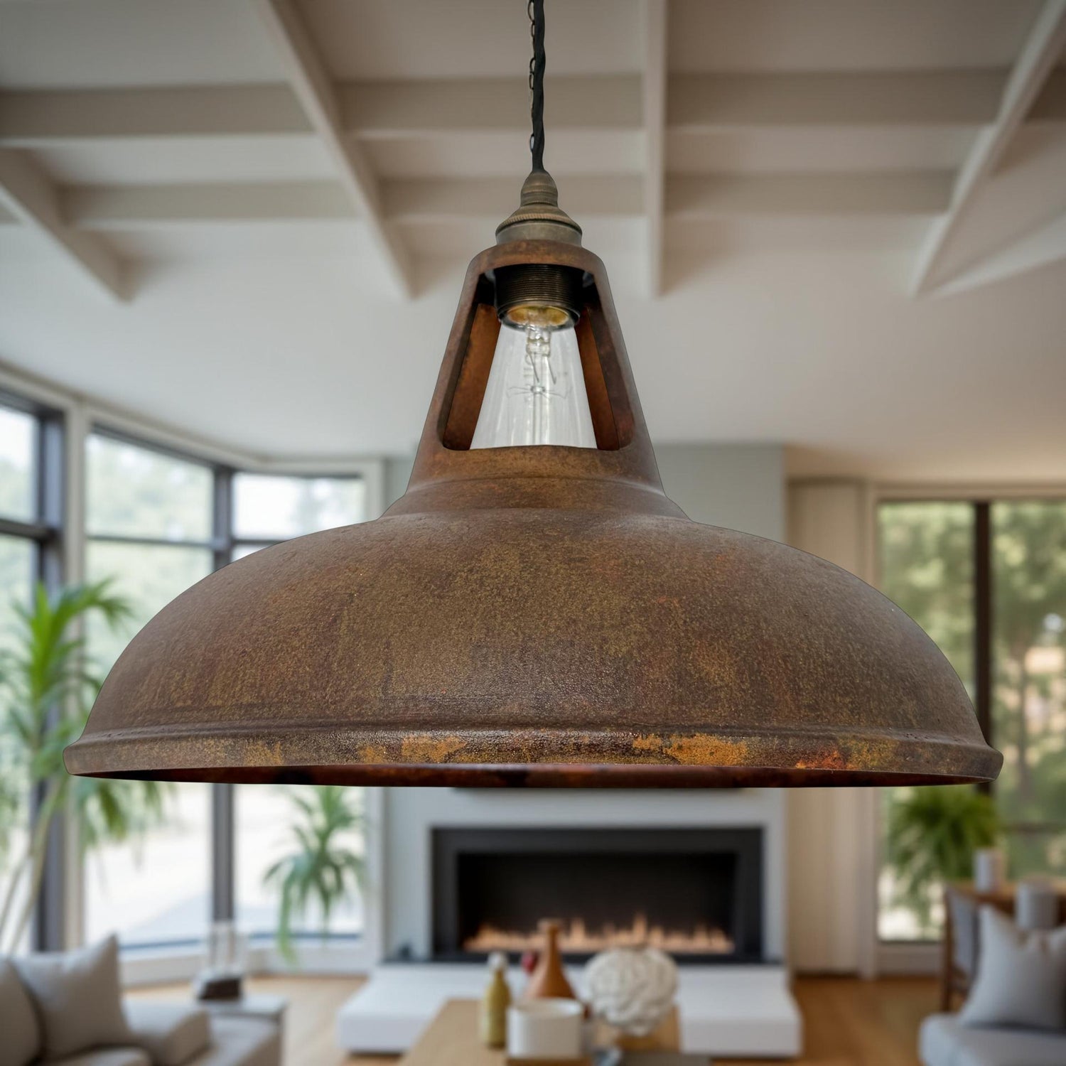 Cawston XL - Rusted Solid Steel Slotted Lampshade Pendant Set Light - 14 Inch