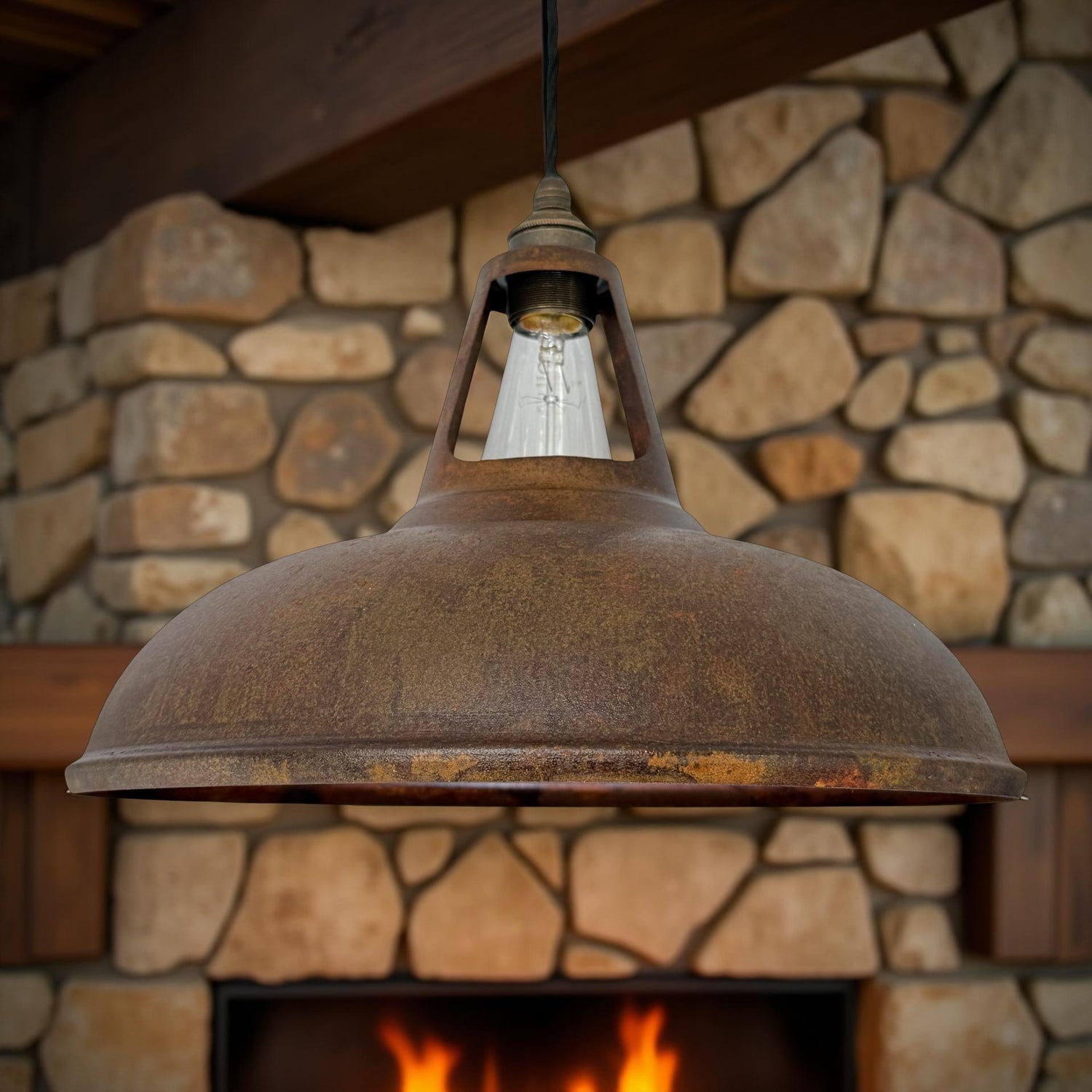 Cawston XL - Rusted Solid Steel Slotted Lampshade Pendant Set Light - 14 Inch