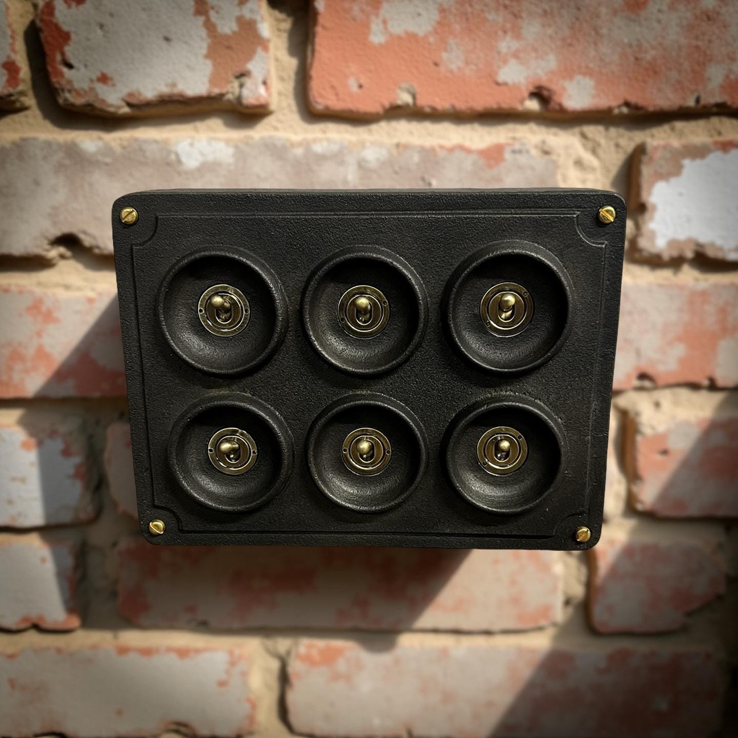 6 Gang 2 Way Black Zinc Solid Cast Metal Conduit Light Switch Industrial - BS EN Approved Vintage Crabtree 1950’s Style