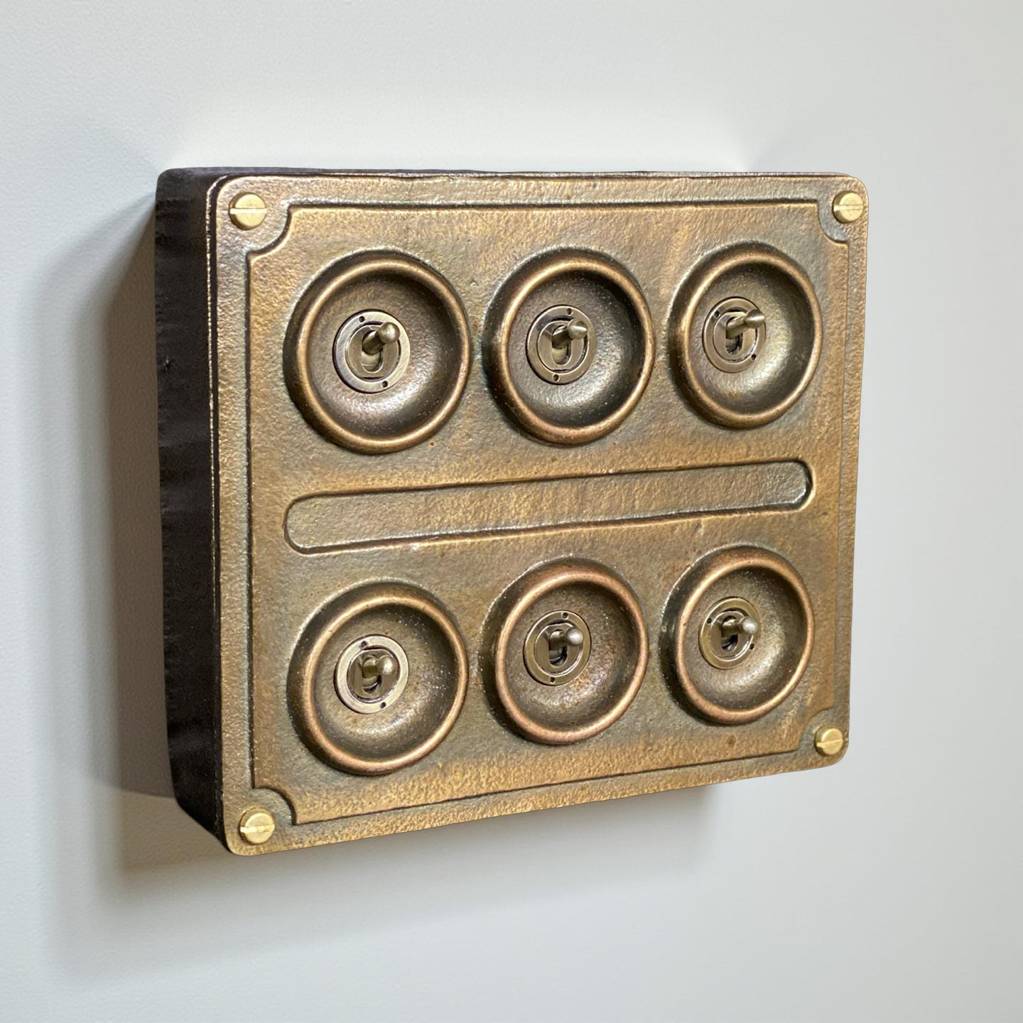 6 Gang 2 Way Bronze Solid Cast Metal Conduit Light Switch Industrial - BS EN Vintage Crabtree 1950’s Style