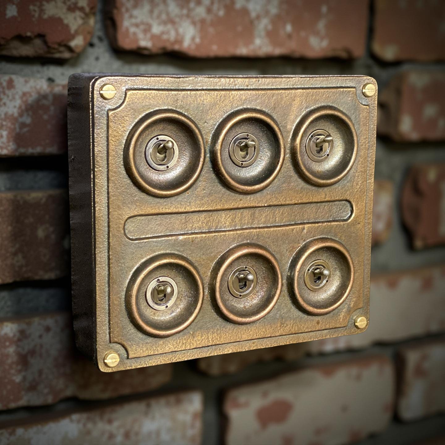 6 Gang 2 Way Bronze Solid Cast Metal Conduit Light Switch Industrial - BS EN Vintage Crabtree 1950’s Style