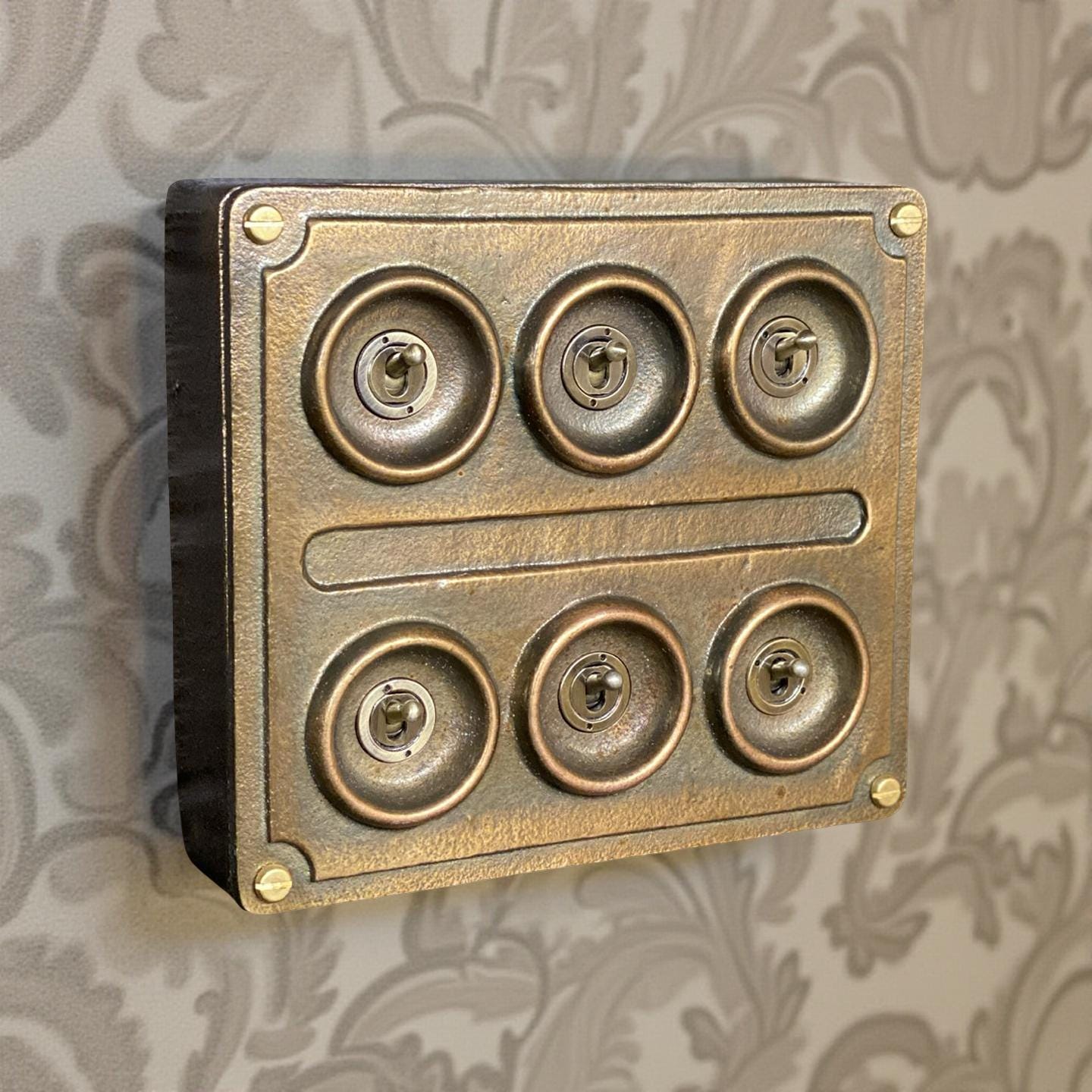 6 Gang 2 Way Bronze Solid Cast Metal Conduit Light Switch Industrial - BS EN Vintage Crabtree 1950’s Style