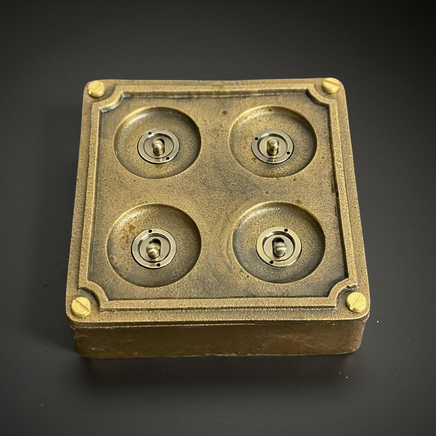 4 Gang 2 Way Solid Antique Brass Bronze Metal Conduit Light Switch Industrial - BS EN Approved Vintage Crabtree 1950’s Style