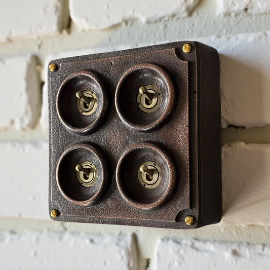 4 Gang 2 Way Solid Antique Copper Metal Surface Mounting Conduit Light Switch Crabtree Industrial - BS EN Approved
