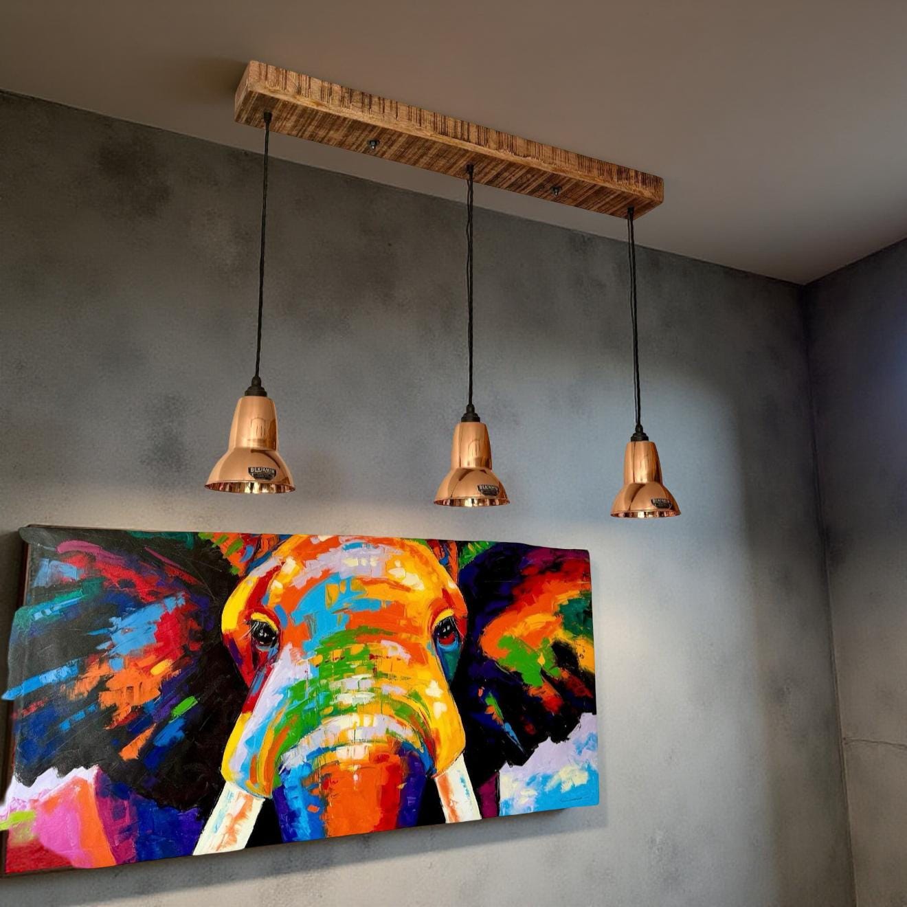 Alby ~ 3 x Solid Copper Lampshade Pendant Set Wooden Track Light | Dining Room | Kitchen Table