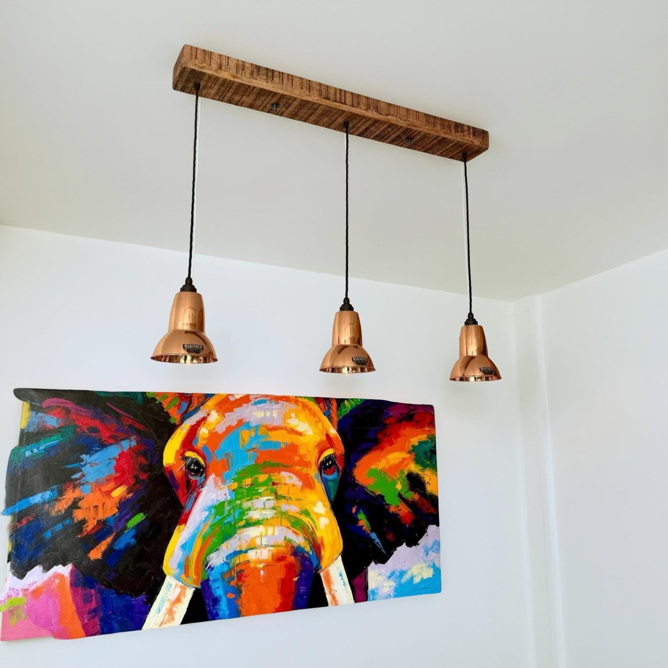 Alby ~ 3 x Solid Copper Lampshade Pendant Set Wooden Track Light | Dining Room | Kitchen Table