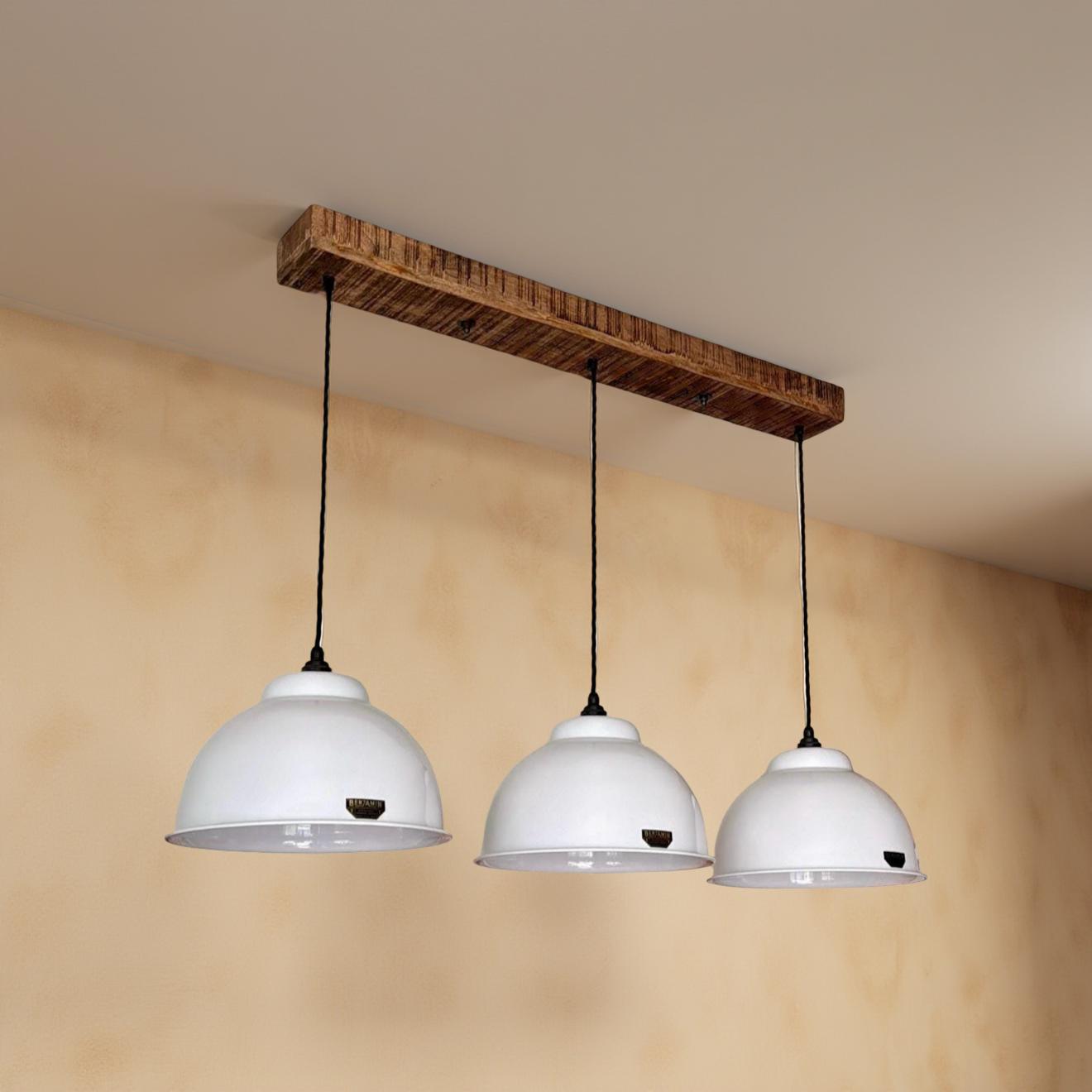 Morely XL ~ 3 x Linen White Lampshade Pendant Set Wooden Track Light | Dining Room | Kitchen Table