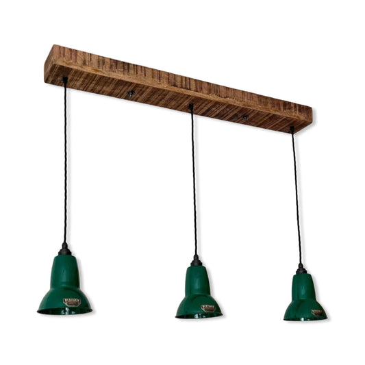 Alby ~ 3 x Racing Green Lampshade Pendant Set Wooden Track Light | Dining Room | Kitchen Table