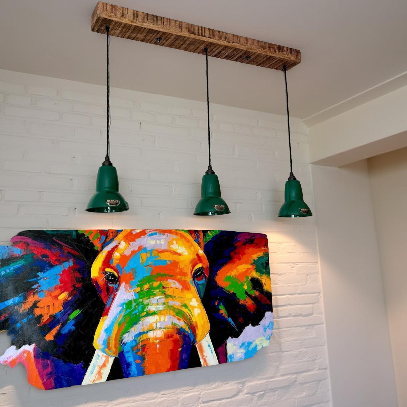 Alby ~ 3 x Racing Green Lampshade Pendant Set Wooden Track Light | Dining Room | Kitchen Table