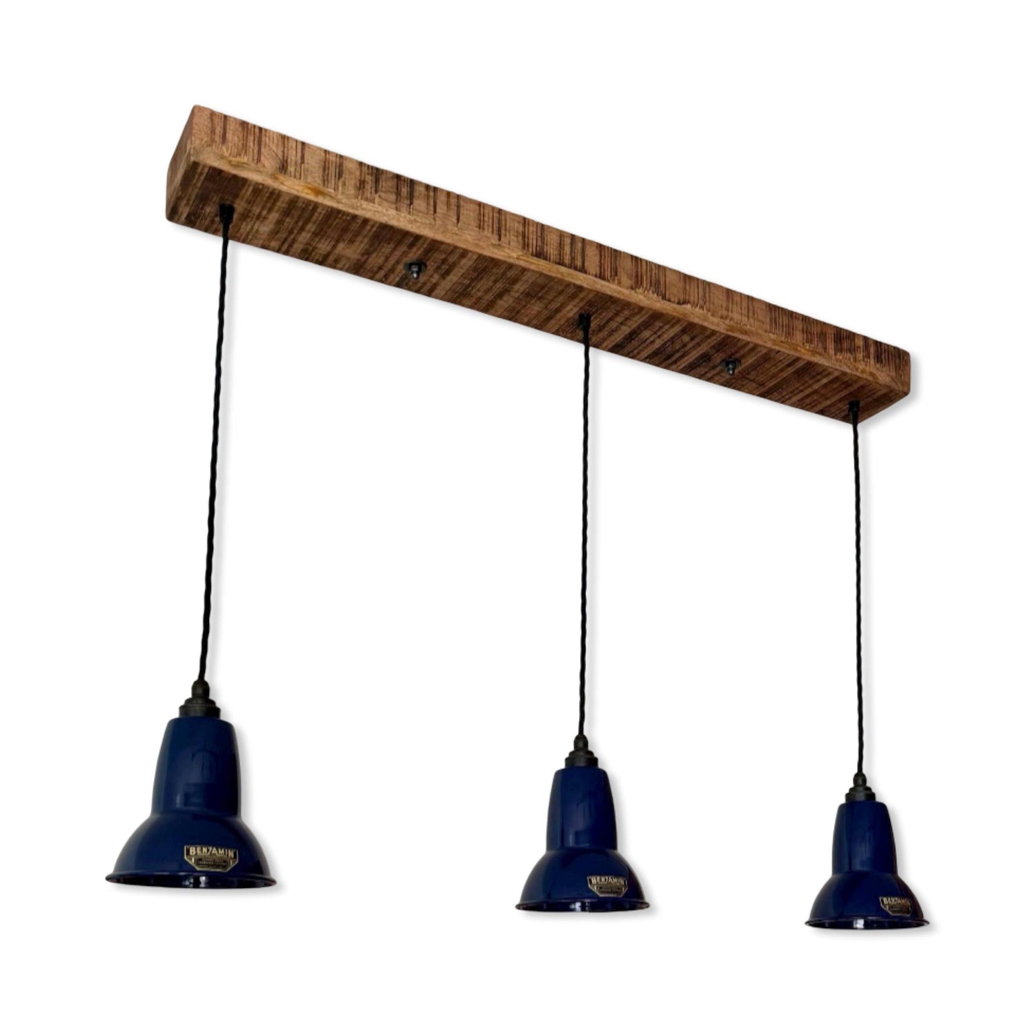 Alby ~ 3 x Royal Blue Lampshade Pendant Set Wooden Track Light | Dining Room | Kitchen Table