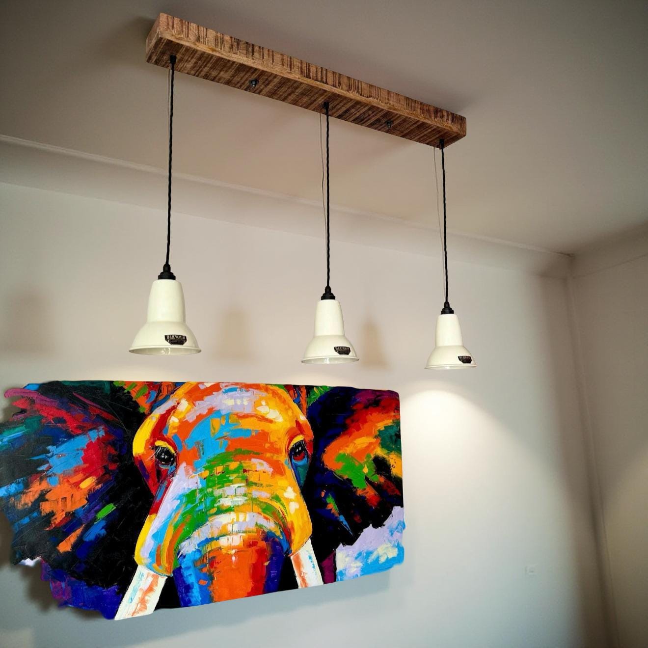 Alby ~ 3 x Linen White Lampshade Pendant Set Wooden Track Light | Dining Room | Kitchen Table