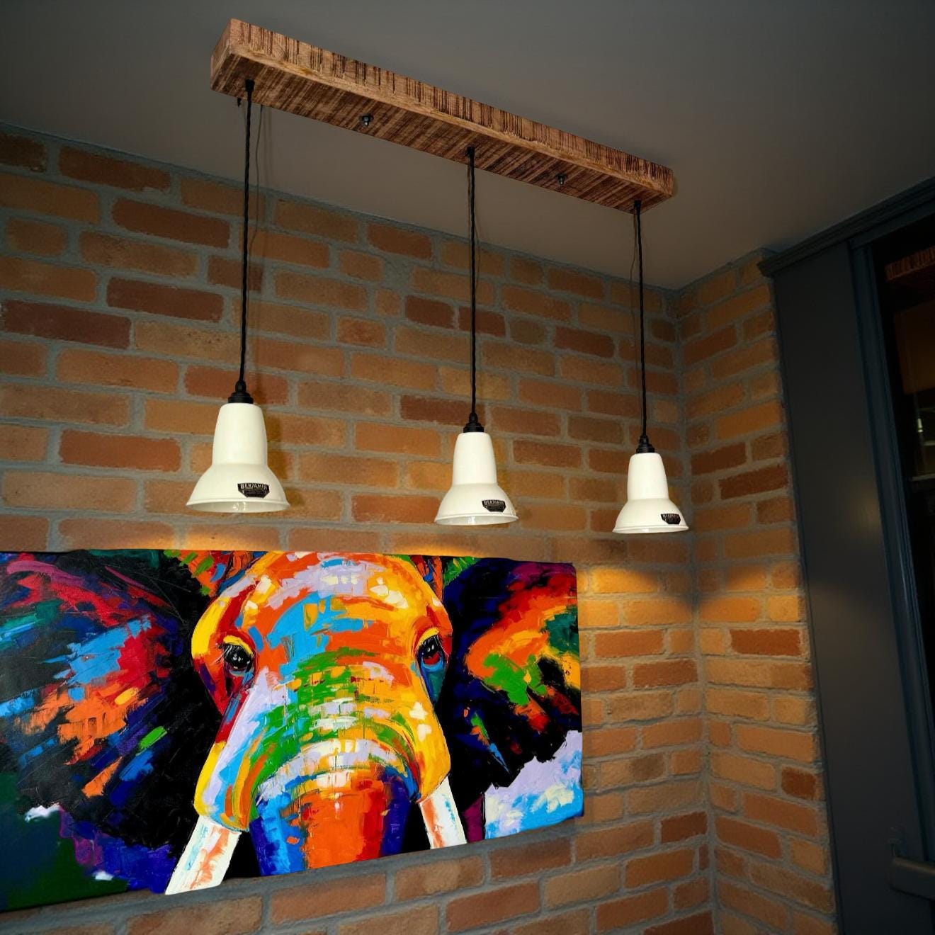 Alby ~ 3 x Linen White Lampshade Pendant Set Wooden Track Light | Dining Room | Kitchen Table