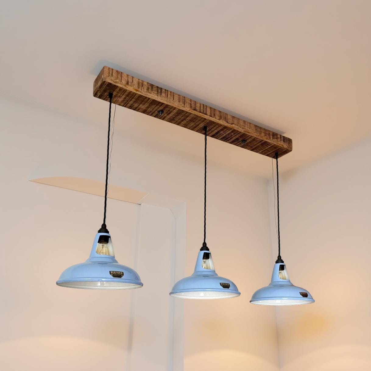 Cawston ~ 3 x Light Blue Lampshade Pendant Set Wooden Track Light | Dining Room | Kitchen Table