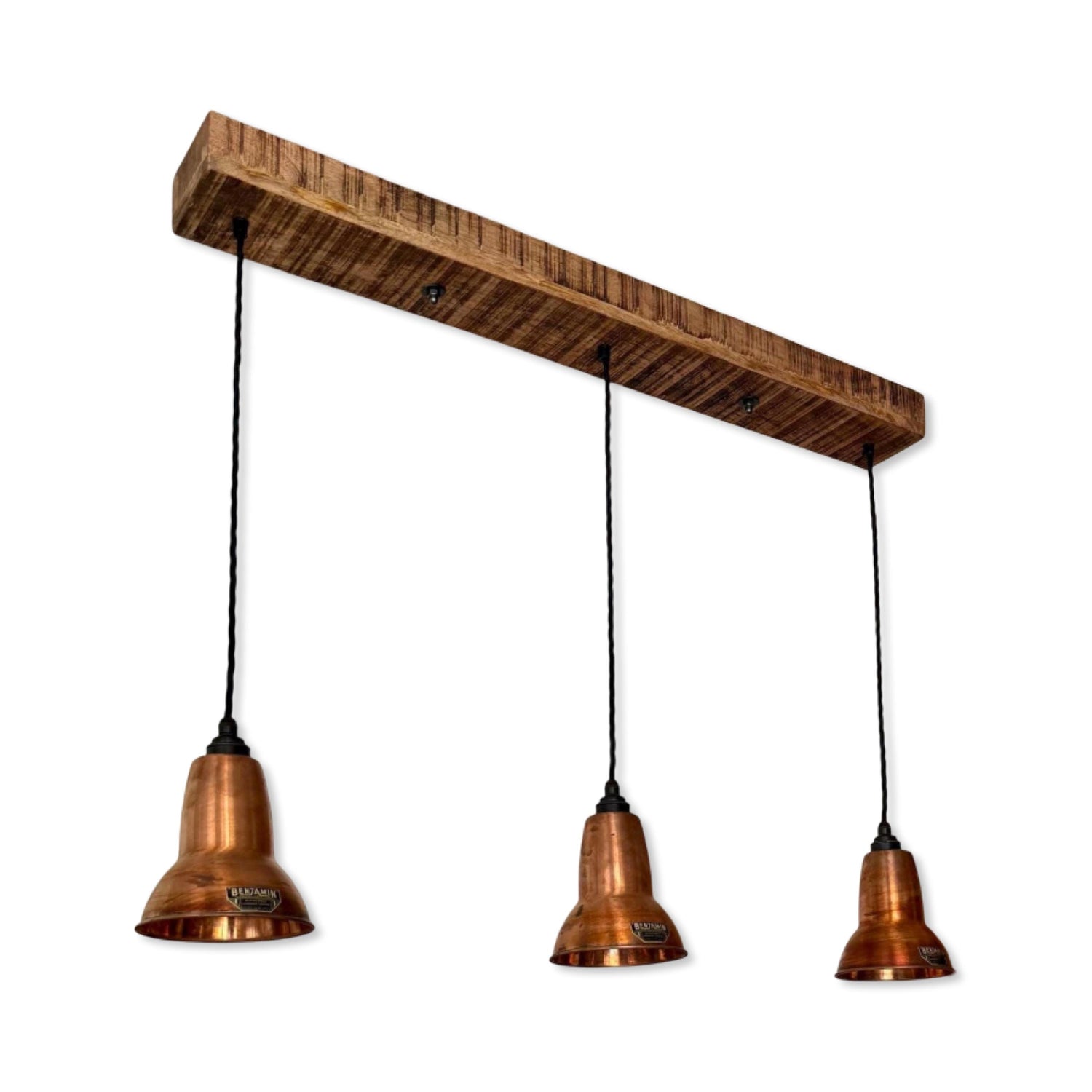 Alby ~ 3 x Antique Copper Lampshade Pendant Set Wooden Track Light | Dining Room | Kitchen Table
