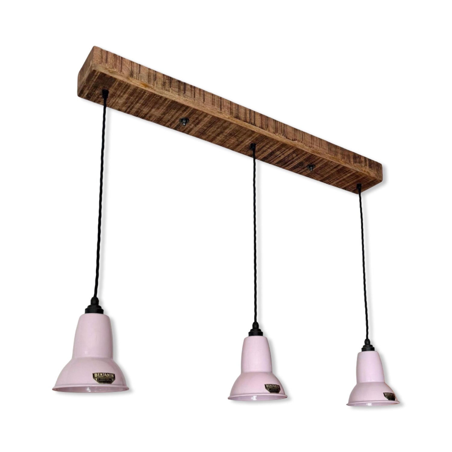 Alby ~ 3 x Rose Pink Lampshade Pendant Set Wooden Track Light | Dining Room | Kitchen Table