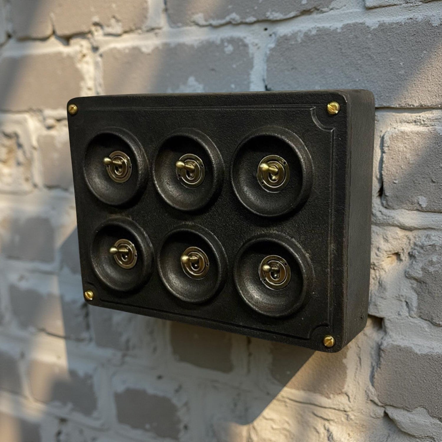 6 Gang 2 Way Black Zinc Solid Cast Metal Conduit Light Switch Industrial - BS EN Approved Vintage Crabtree 1950’s Style