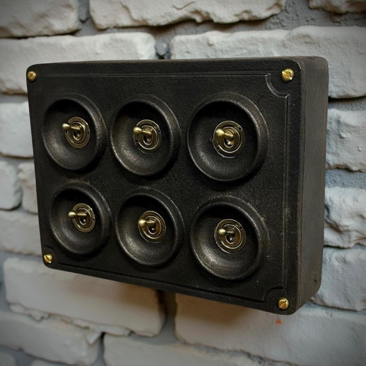 6 Gang 2 Way Black Zinc Solid Cast Metal Conduit Light Switch Industrial - BS EN Approved Vintage Crabtree 1950’s Style