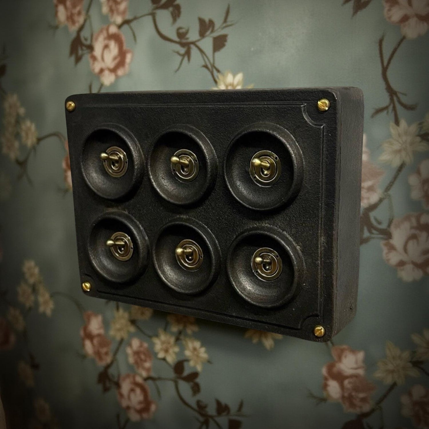 6 Gang 2 Way Black Zinc Solid Cast Metal Conduit Light Switch Industrial - BS EN Approved Vintage Crabtree 1950’s Style