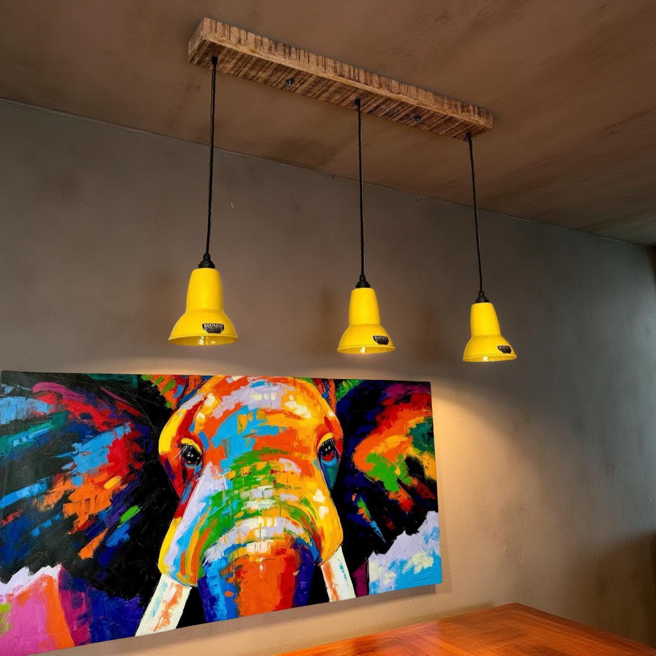 Alby ~ 3 x Summer Yellow Lampshade Pendant Set Wooden Track Light | Dining Room | Kitchen Table