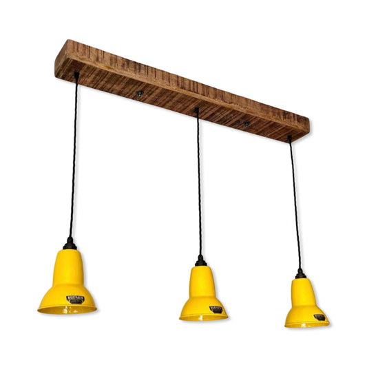 Alby ~ 3 x Summer Yellow Lampshade Pendant Set Wooden Track Light | Dining Room | Kitchen Table
