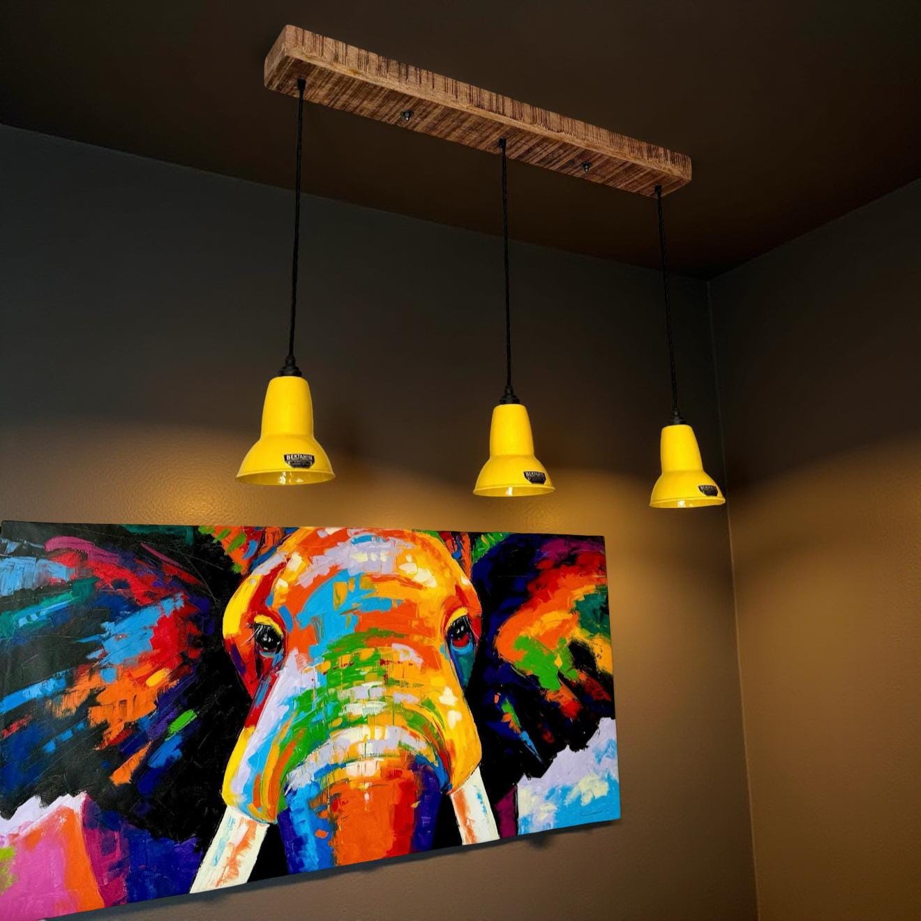 Alby ~ 3 x Summer Yellow Lampshade Pendant Set Wooden Track Light | Dining Room | Kitchen Table