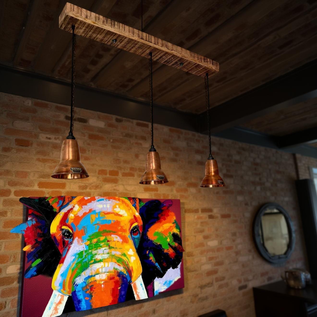 Alby ~ 3 x Antique Copper Lampshade Pendant Set Wooden Track Light | Dining Room | Kitchen Table