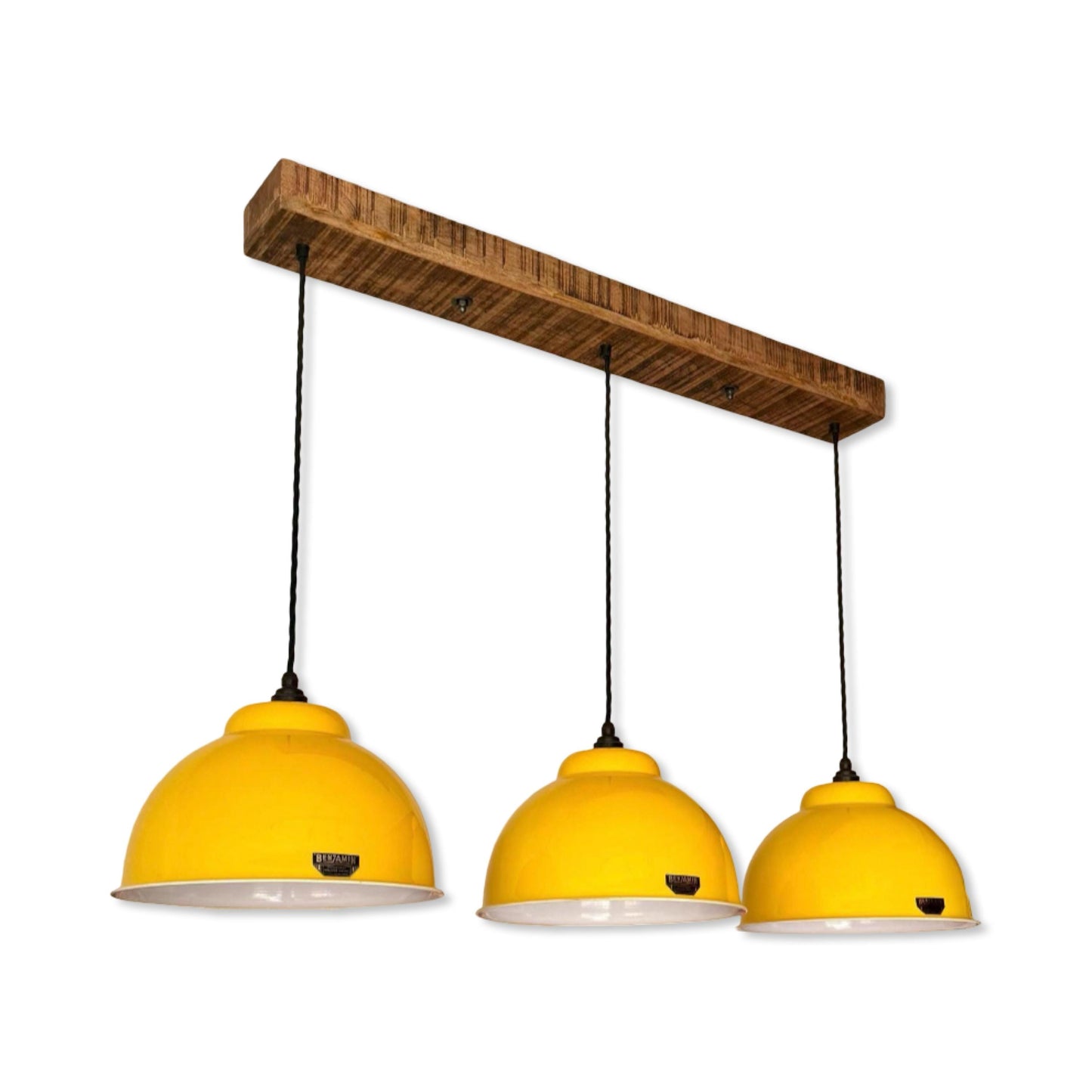 Morely XL ~ 3 x Summer Yellow Lampshade Pendant Set Wooden Track Light | Dining Room | Kitchen Table