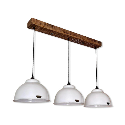 Morely XL ~ 3 x Linen White Lampshade Pendant Set Wooden Track Light | Dining Room | Kitchen Table