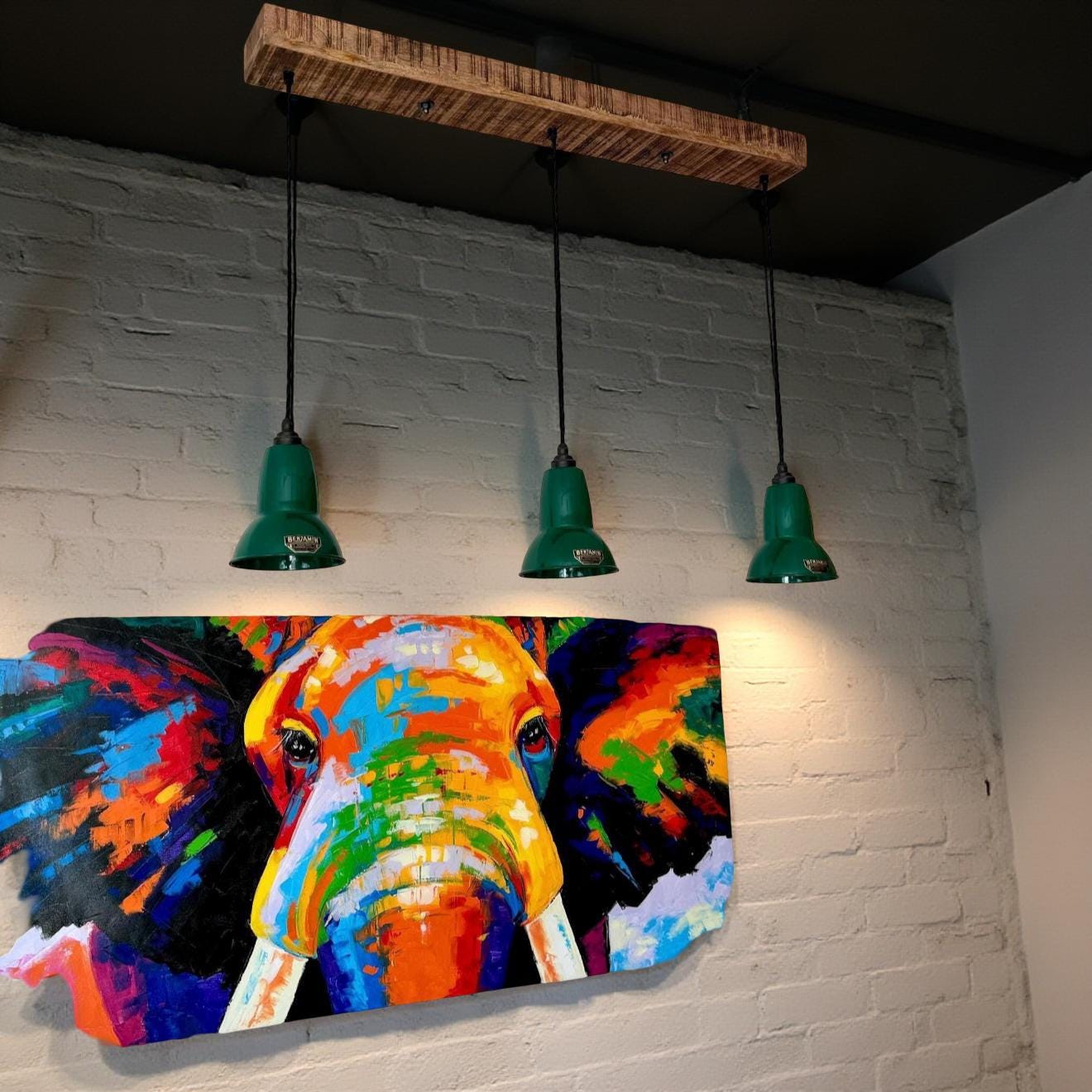 Alby ~ 3 x Racing Green Lampshade Pendant Set Wooden Track Light | Dining Room | Kitchen Table