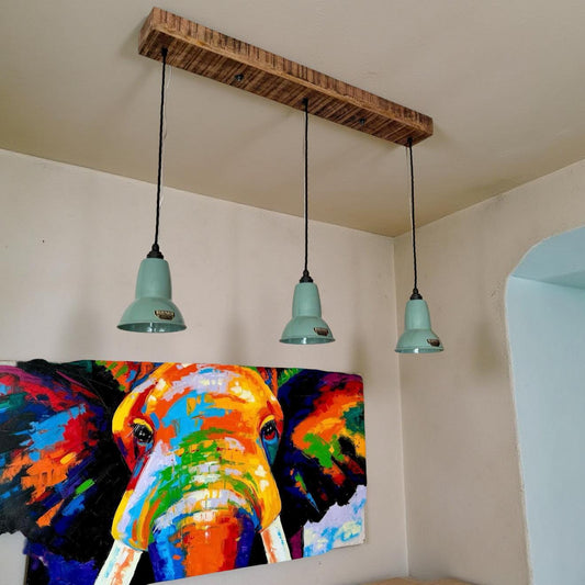 Alby ~ 3 x Pistachio Green Lampshade Pendant Set Wooden Track Light | Dining Room | Kitchen Table