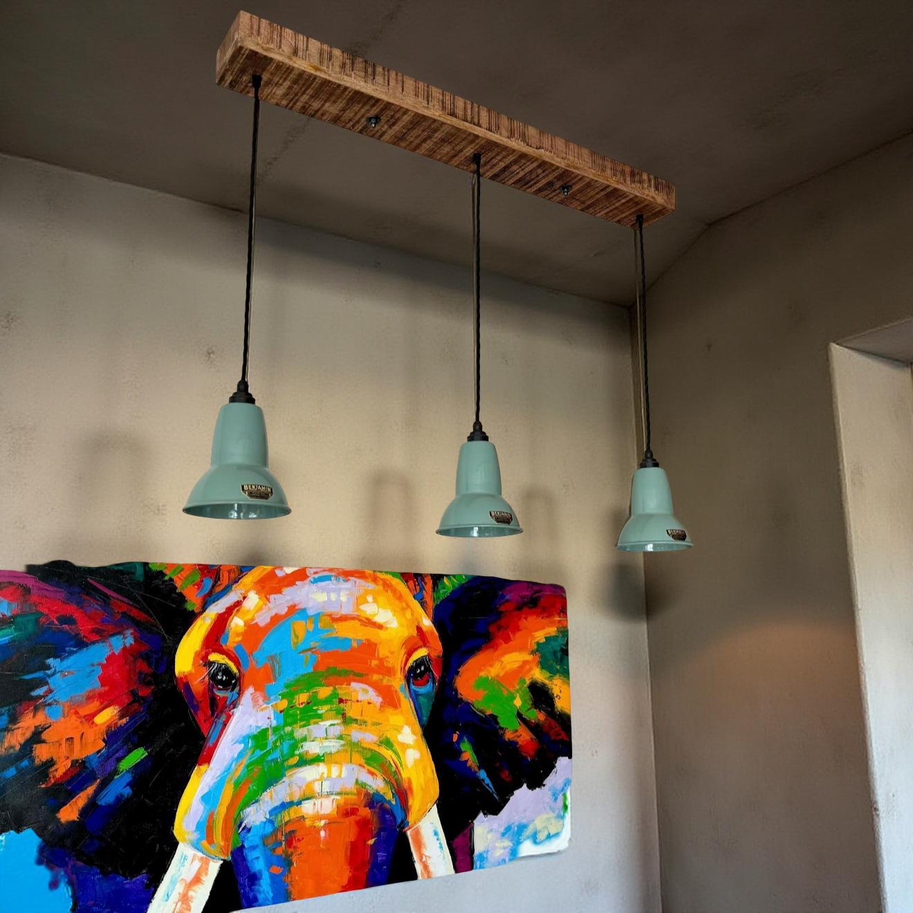 Alby ~ 3 x Pistachio Green Lampshade Pendant Set Wooden Track Light | Dining Room | Kitchen Table