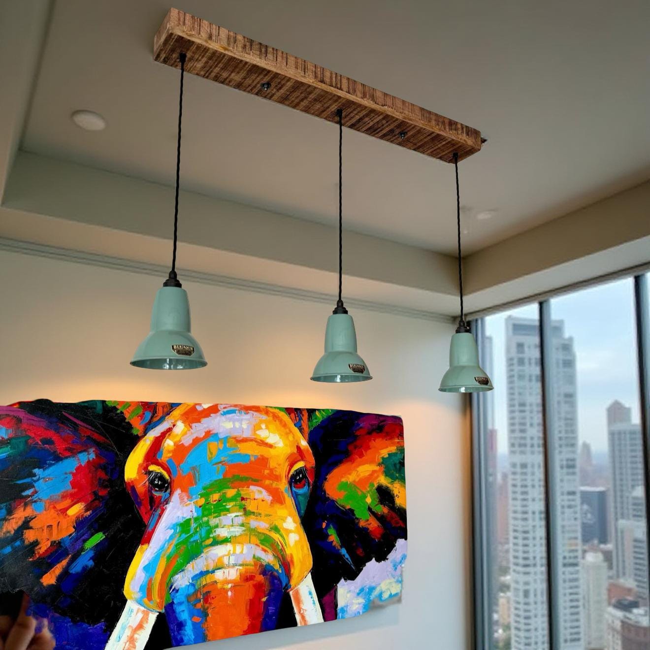 Alby ~ 3 x Pistachio Green Lampshade Pendant Set Wooden Track Light | Dining Room | Kitchen Table