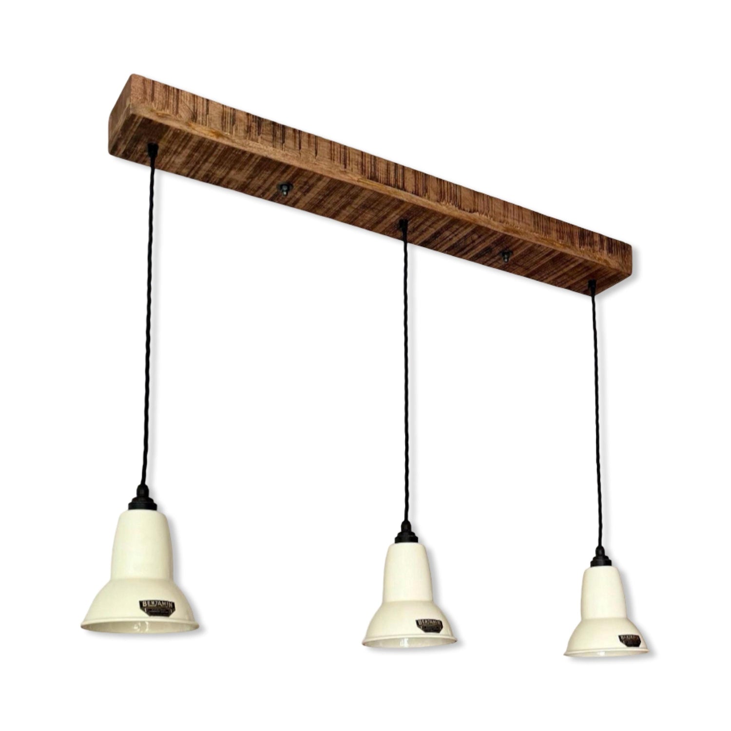 Alby ~ 3 x Linen White Lampshade Pendant Set Wooden Track Light | Dining Room | Kitchen Table