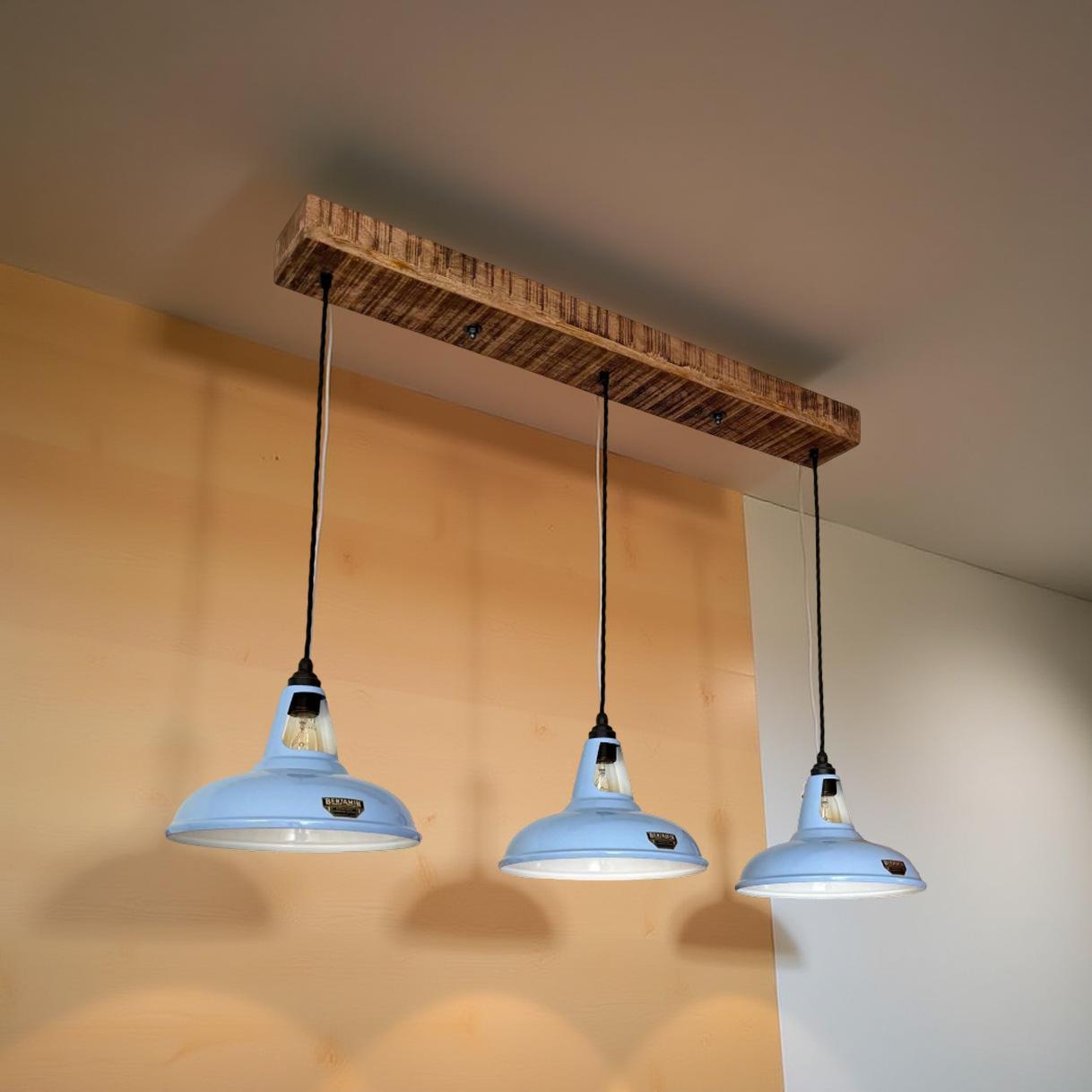 Cawston ~ 3 x Light Blue Lampshade Pendant Set Wooden Track Light | Dining Room | Kitchen Table