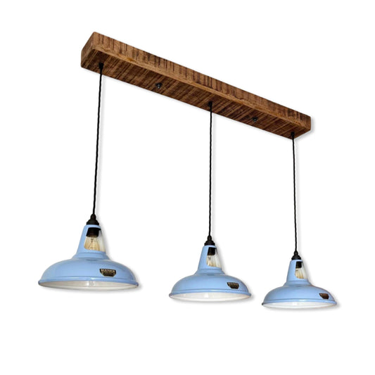 Cawston ~ 3 x Light Blue Lampshade Pendant Set Wooden Track Light | Dining Room | Kitchen Table