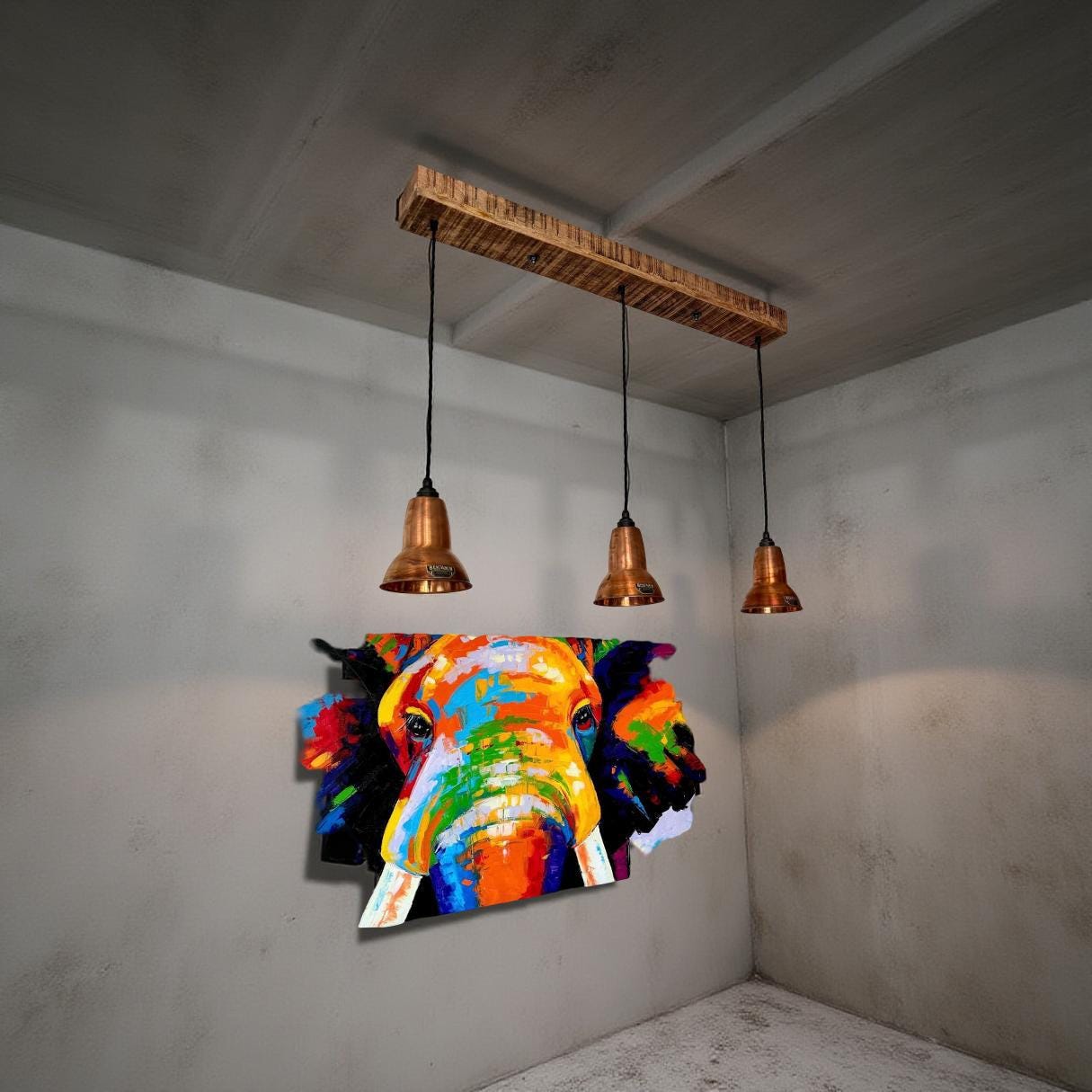 Alby ~ 3 x Antique Copper Lampshade Pendant Set Wooden Track Light | Dining Room | Kitchen Table