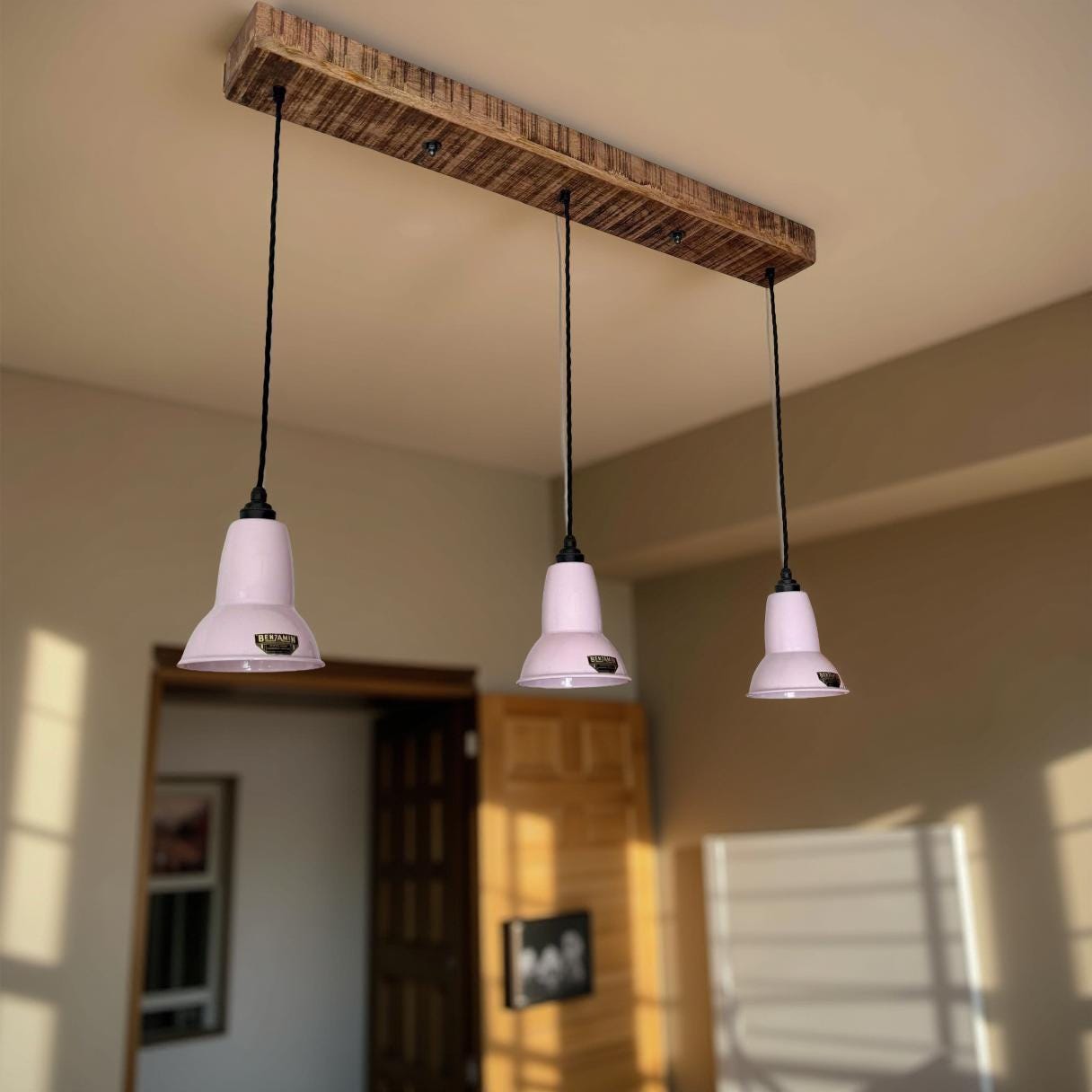 Alby ~ 3 x Rose Pink Lampshade Pendant Set Wooden Track Light | Dining Room | Kitchen Table