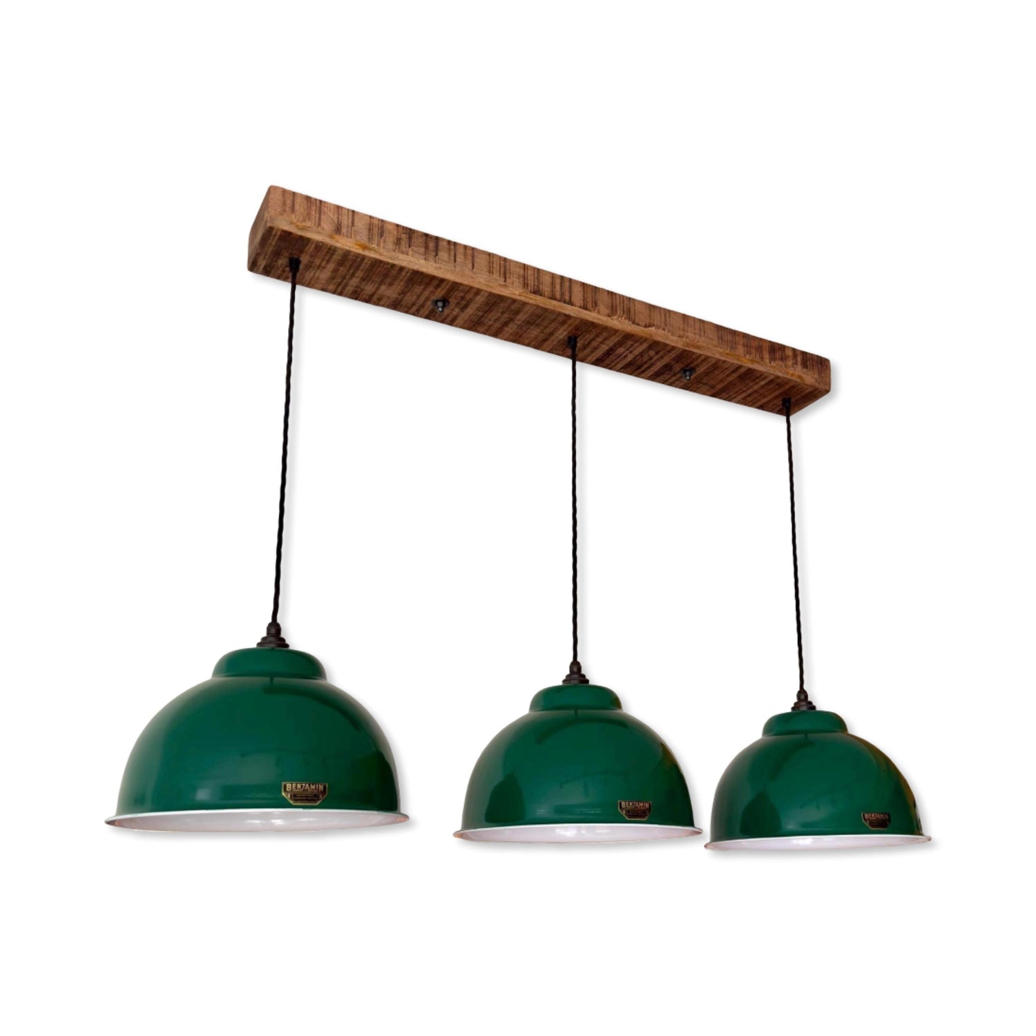 Morely XL ~ 3 x Racing Green Lampshade Pendant Set Wooden Track Light | Dining Room | Kitchen Table