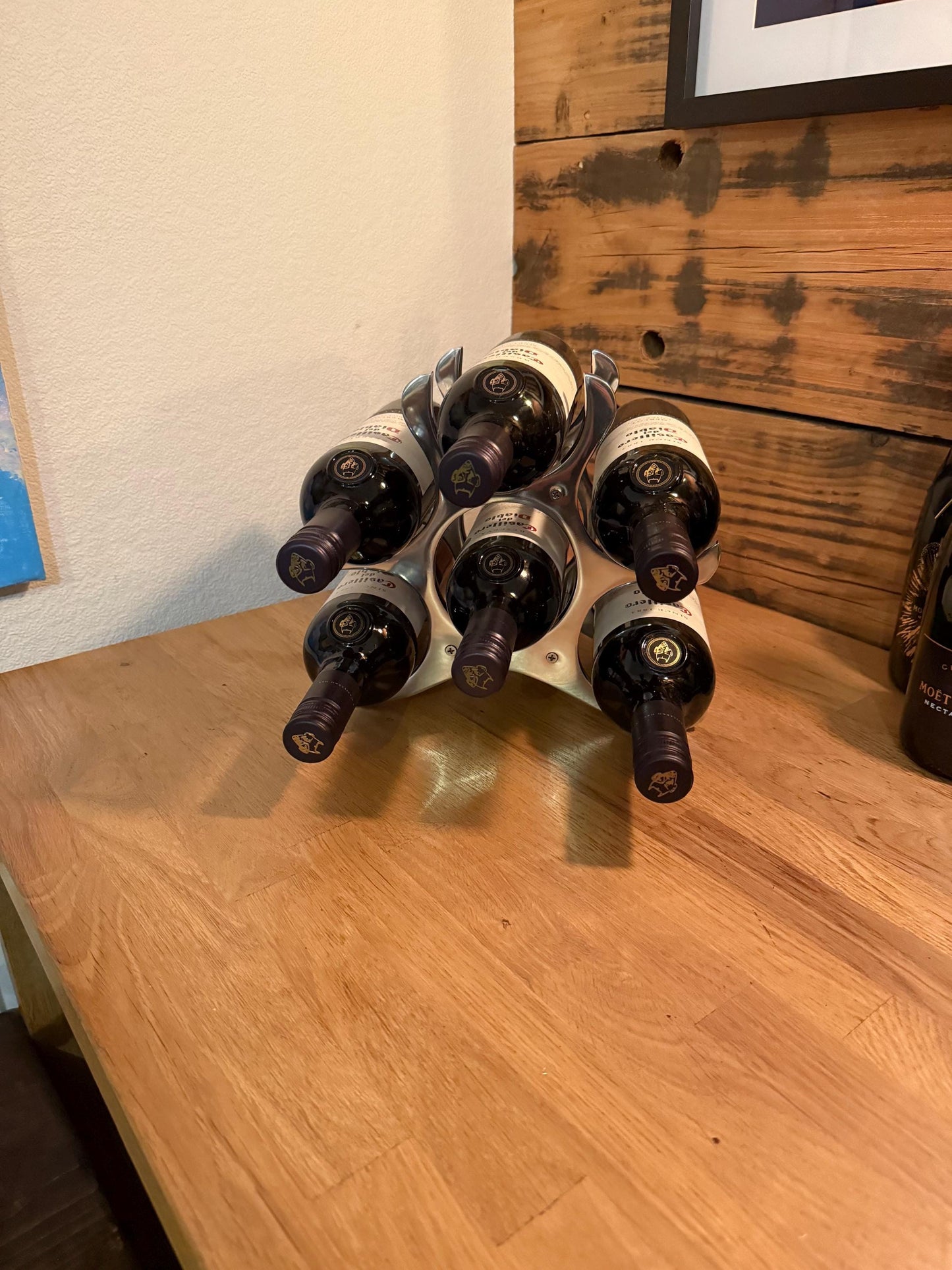 6 Bottle Wine Rack Holder Solid Cast | Wine | Champagne Storage Antique Brass | Polished Aluminium | Matt Black | Black Copper