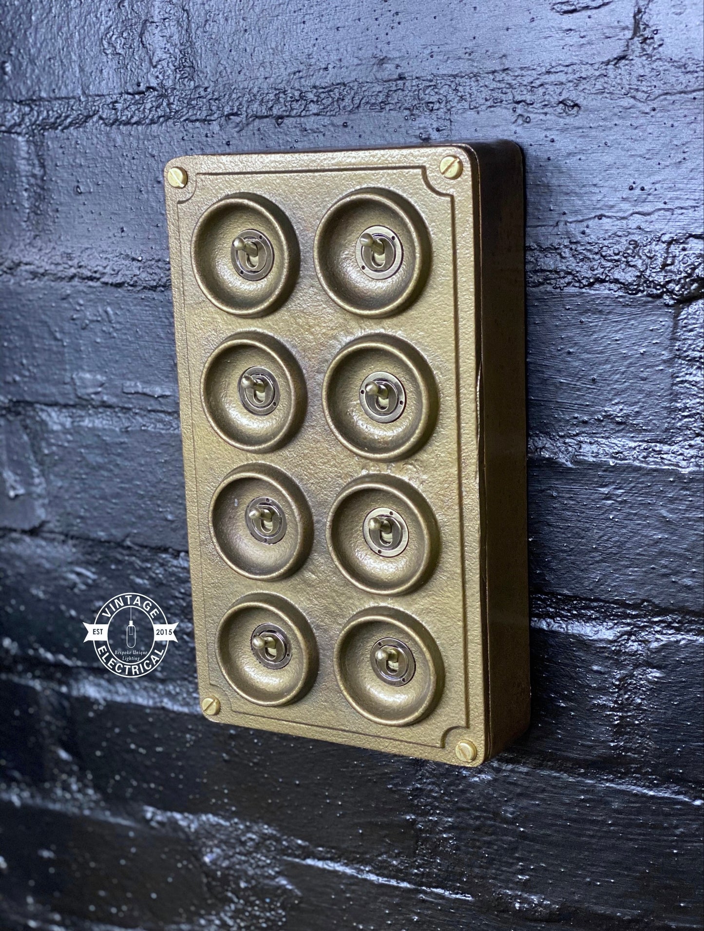 8 Gang 2 Way Bronze Solid Cast Metal Conduit Light Switch Industrial - BS EN Approved Vintage Crabtree 1950’s Style