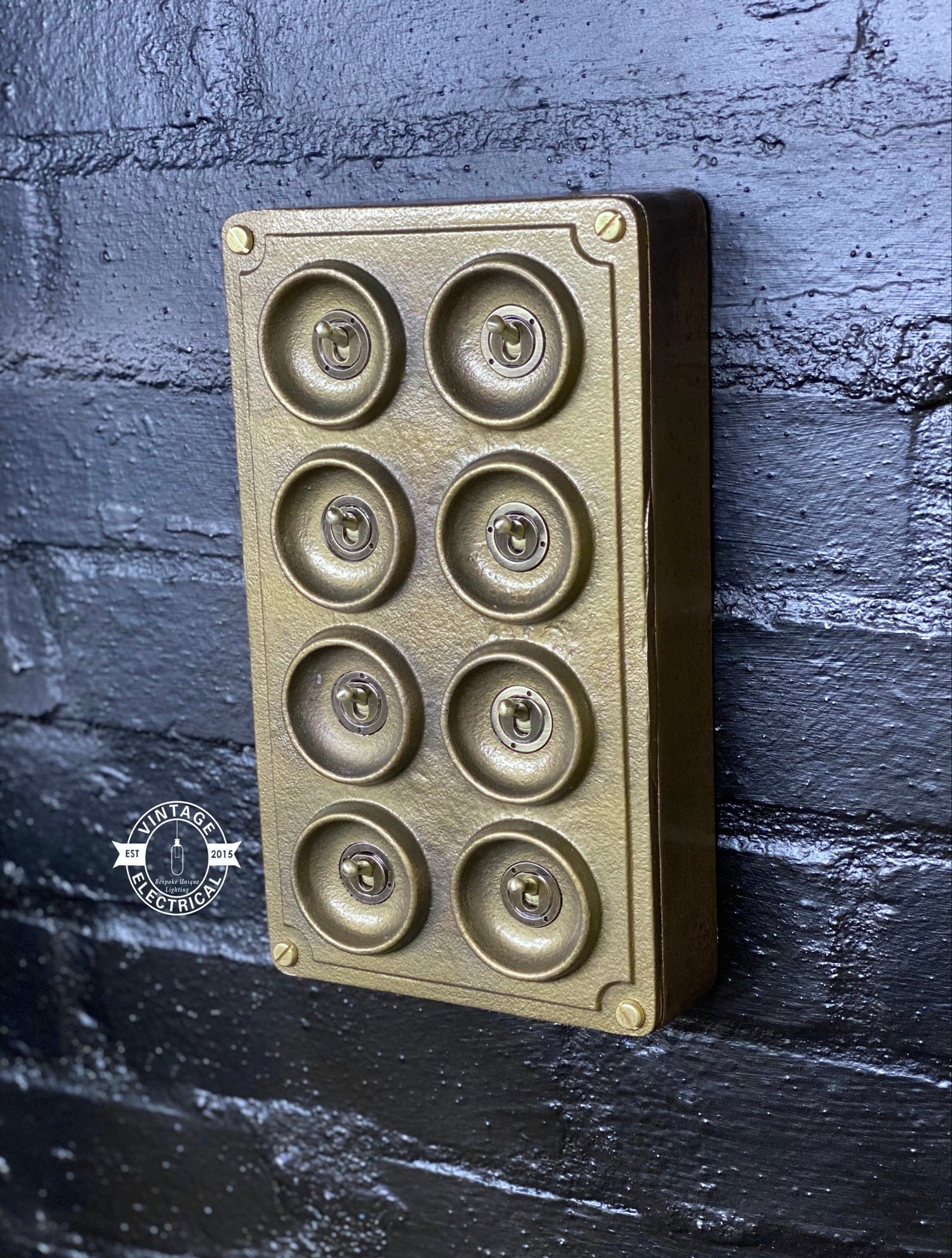 8 Gang 2 Way Bronze Solid Cast Metal Conduit Light Switch Industrial - BS EN Approved Vintage Crabtree 1950’s Style