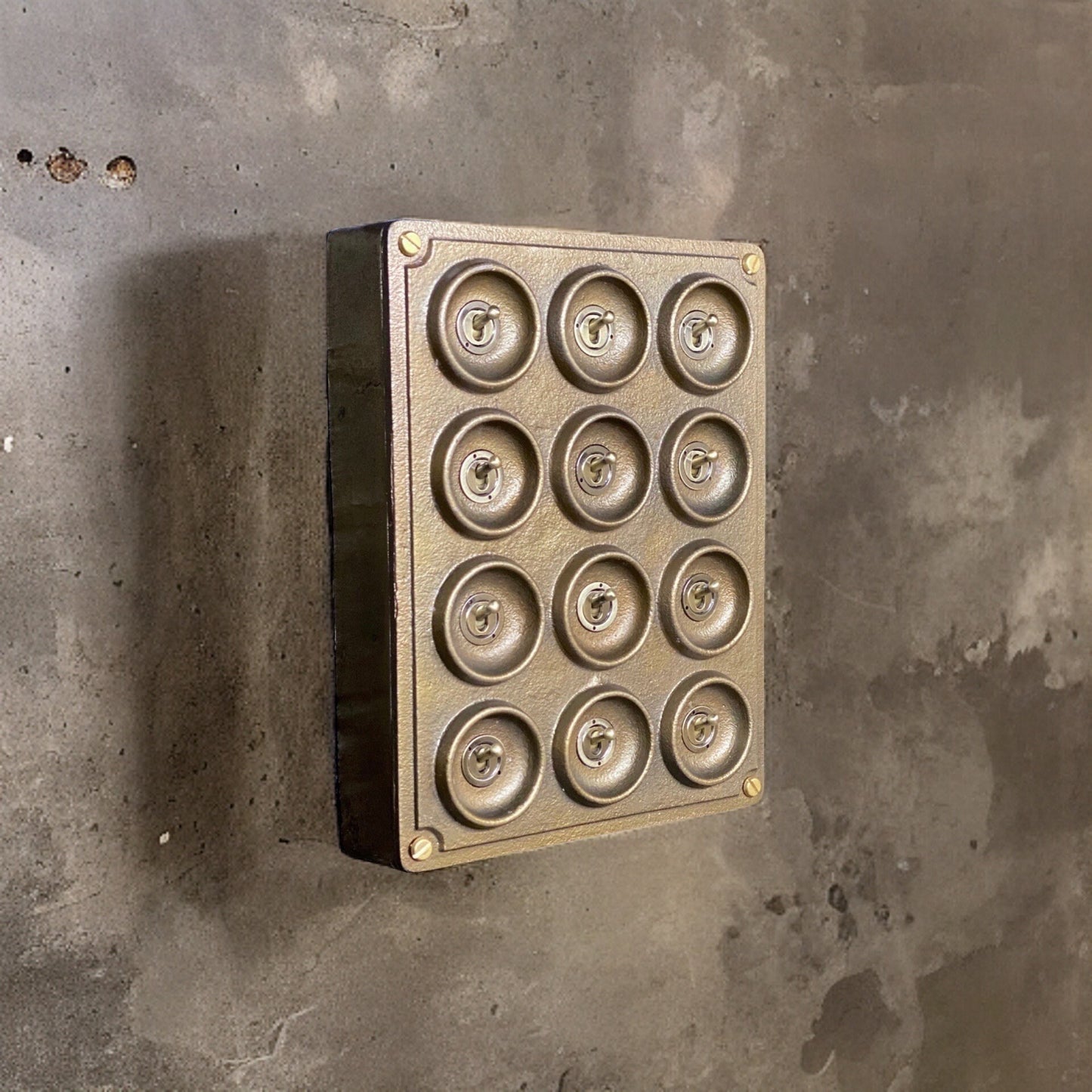 12 Gang 2 Way Bronze Solid Cast Metal Light Switch Industrial - BS EN Approved Vintage Crabtree 1950’s Style