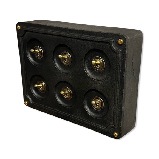 6 Gang 2 Way Black Zinc Solid Cast Metal Light Switch Industrial - BS EN Approved Vintage Britmac 1950’s Style